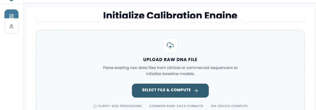 WiseHealth OS DNA upload screen showing client-side processing and on-device compute for raw genomic file uploads.